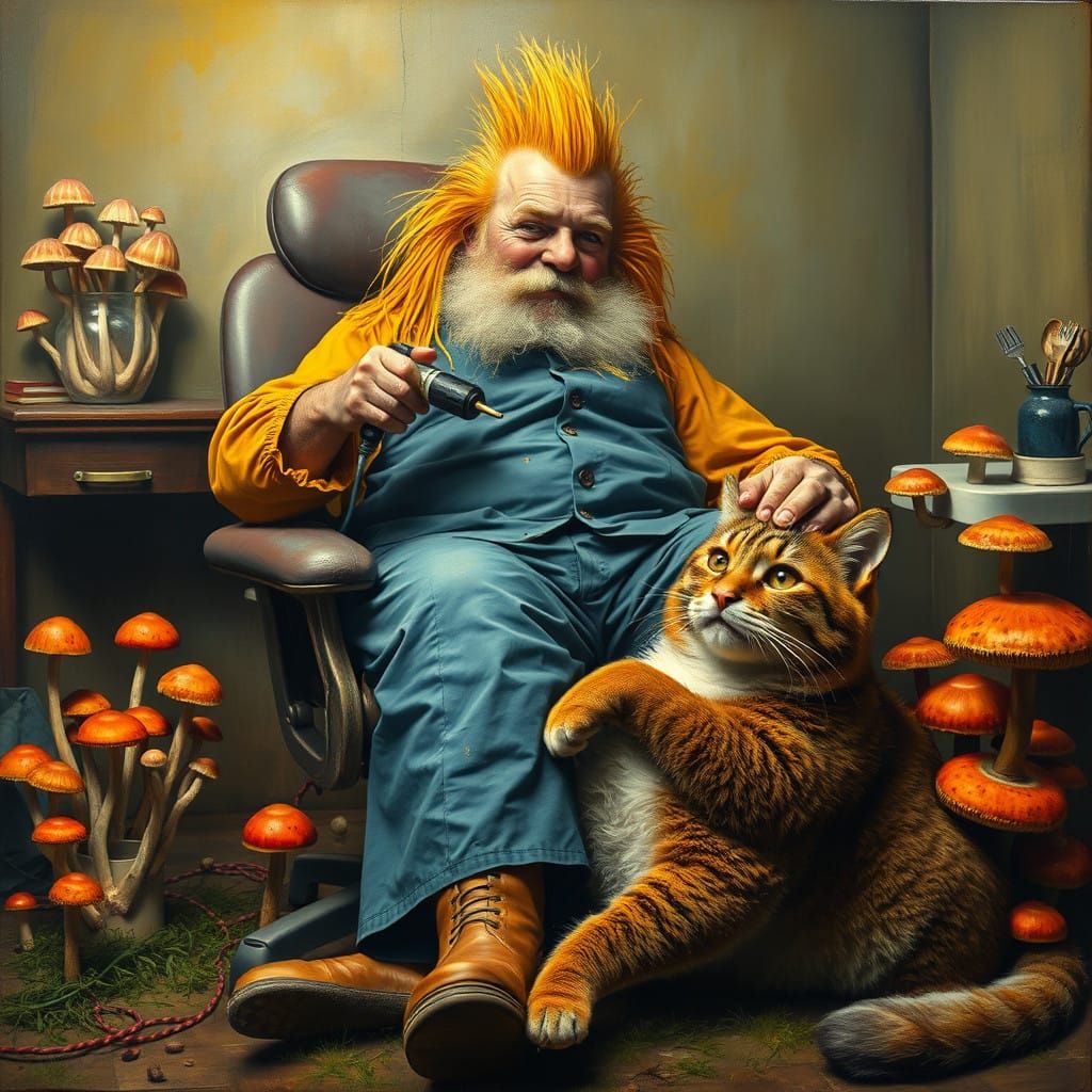 Surreal Dürer-Inspired Scene of a Giant Man in a Dental Chai...