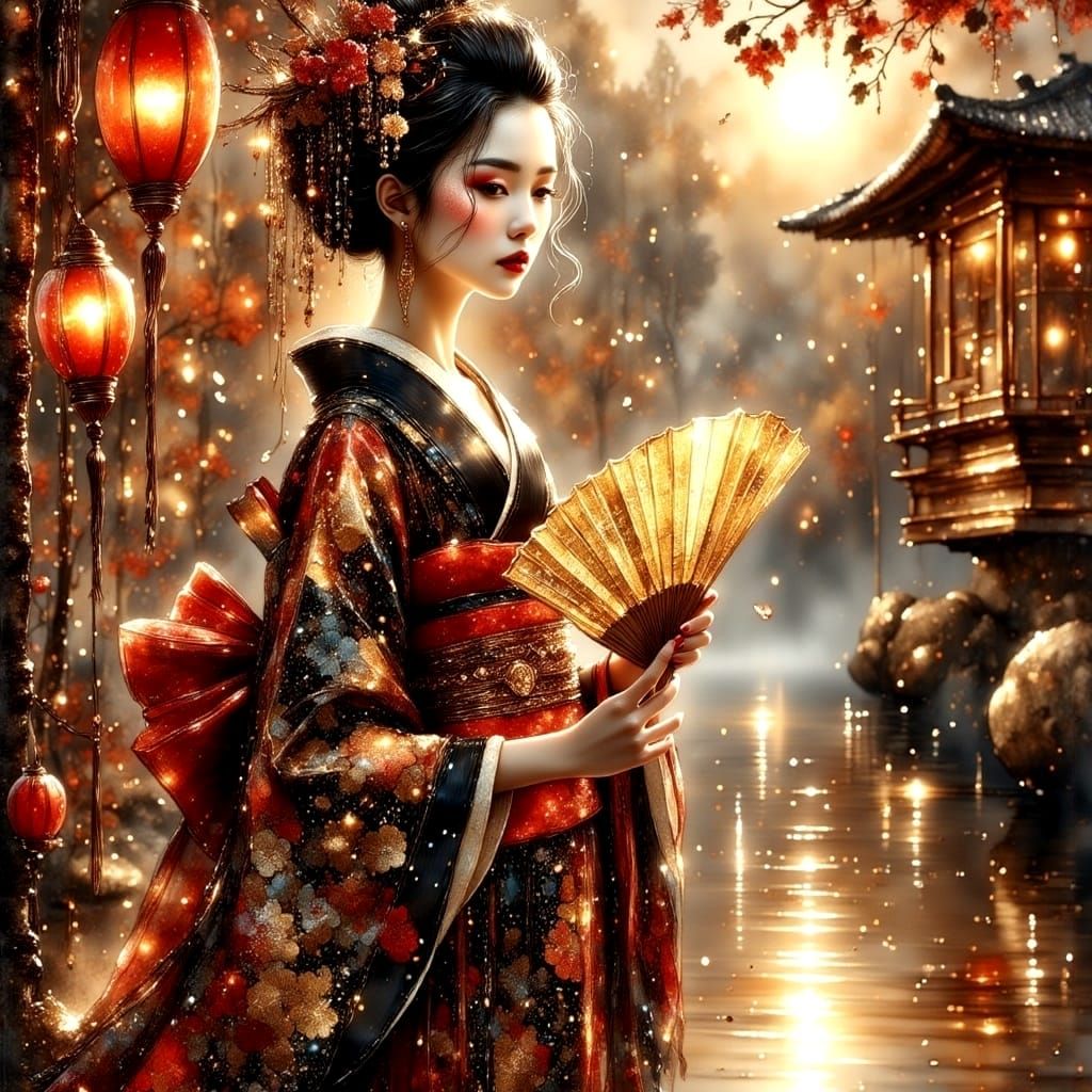 Regal Geisha in Japanese Garden with Gold Accents