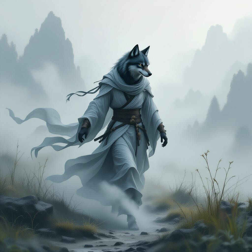 Ethereal Fog Wolf Genie in Dreamlike Landscape
