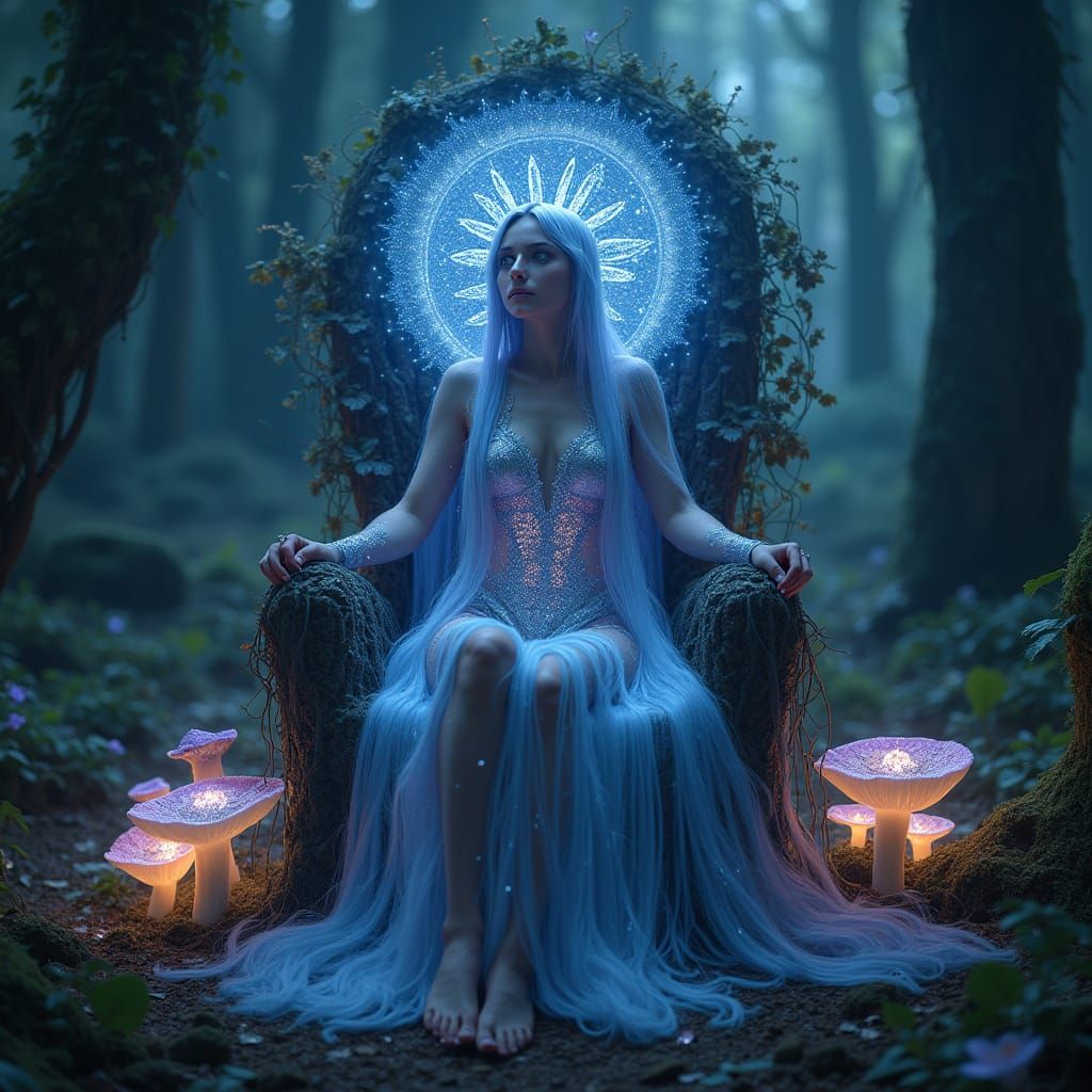 Dryad Queen on Bioluminescent Throne, Art Nouveau