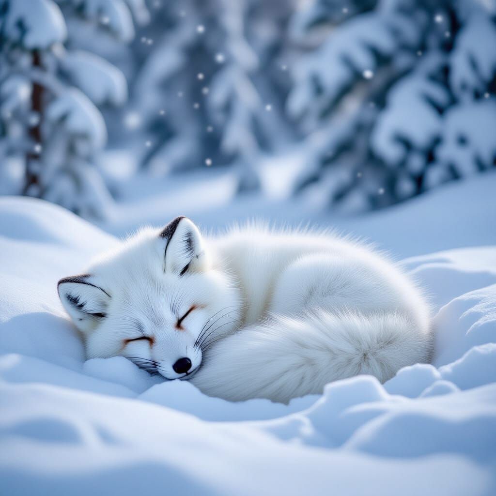 Fluffy Arctic Fox Cub Asleep in Winter Wonderland
