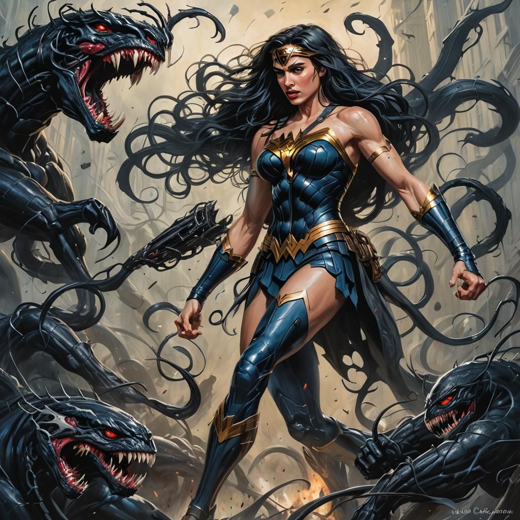Wonder Woman and Venom Symbiote Oil Painting