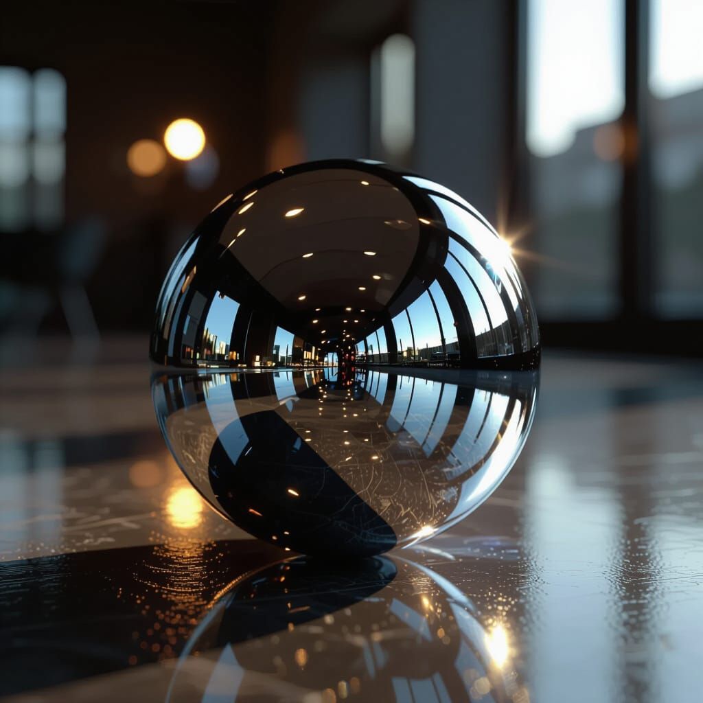 Polished Chrome Sphere Reflecting Ambient Light in Dim Room