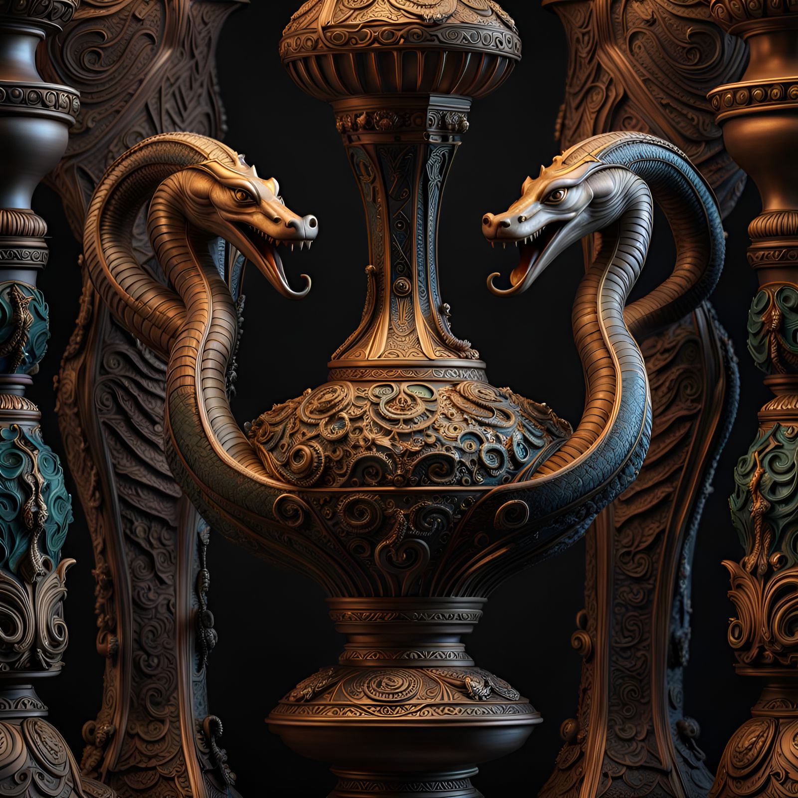 Psychedelic Clay Genie Lamp with Snake, Detailed 8K