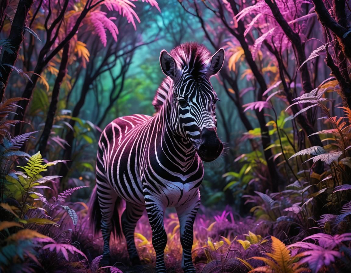 Neon Zebra Portrait in Mystical Forest