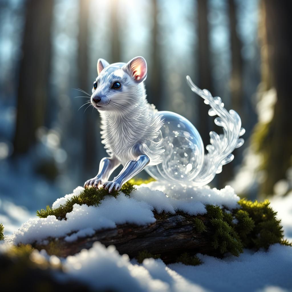 Crystal Ermine Leaping in Snowy Forest: Detailed Matte Paint...
