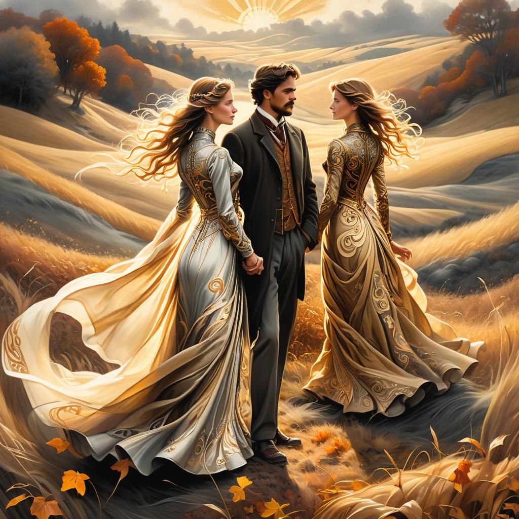 Charcoal Drawing of Figures in Autumn Landscape