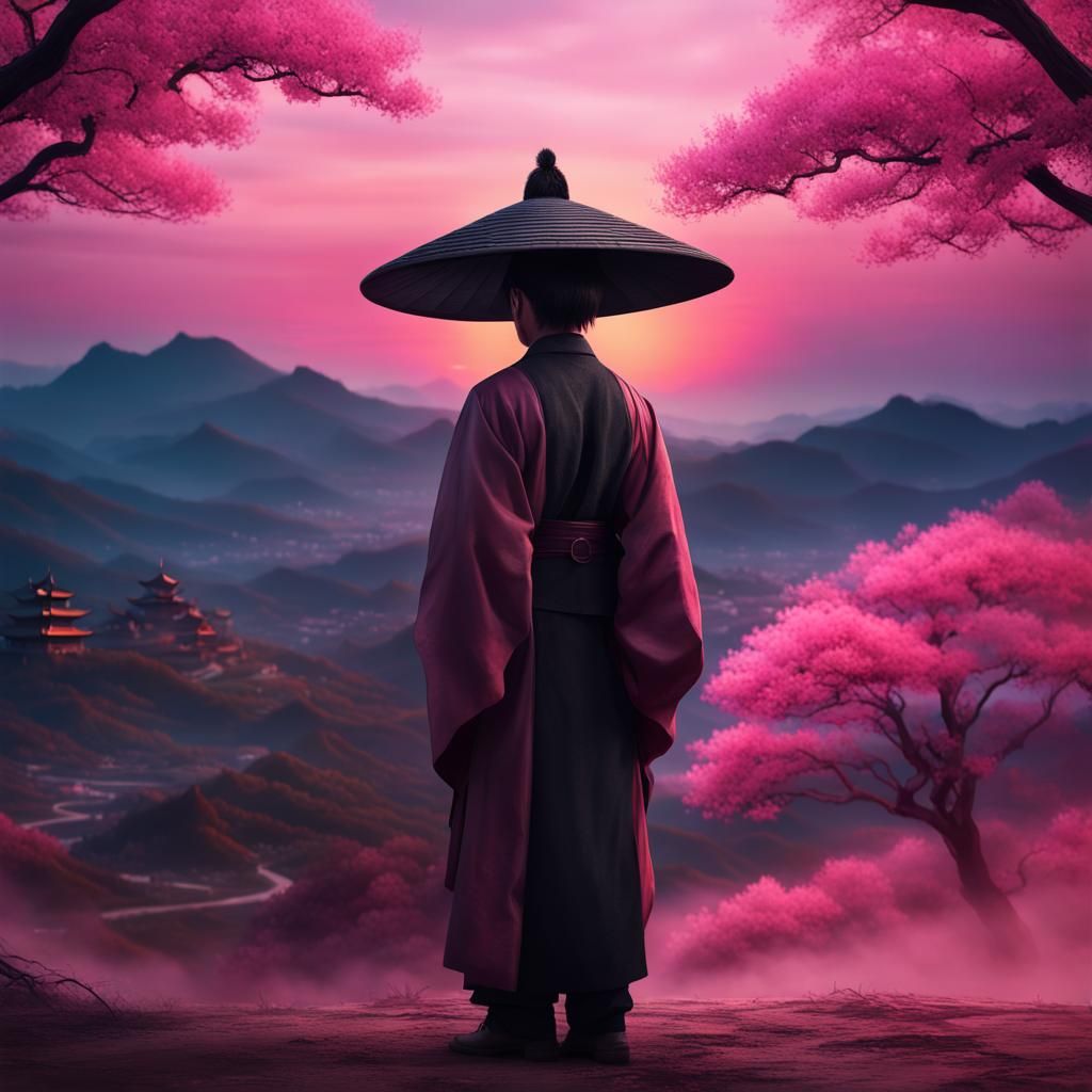 Samurai in Chinese Landscape at Sunset: 8K Photography