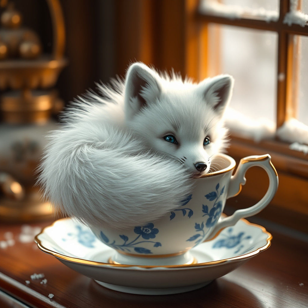 Arctic Fox in Teacup: Whimsical Digital Art