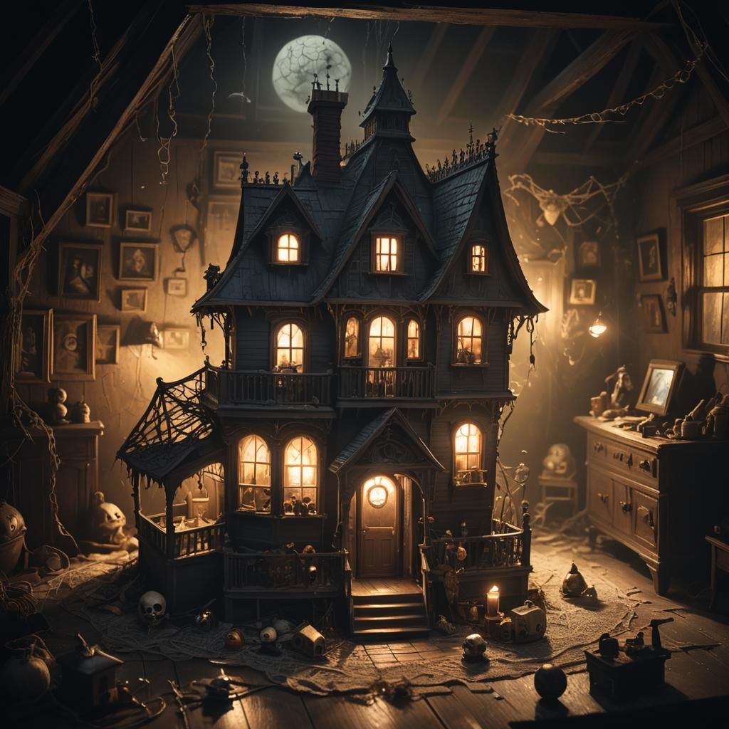 Eerie Dollhouse in Dimly Lit Attic: Digital Painting