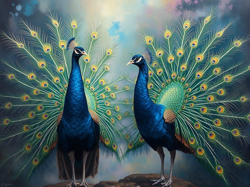 Ethereal Peacocks in Cosmic Oil Painting