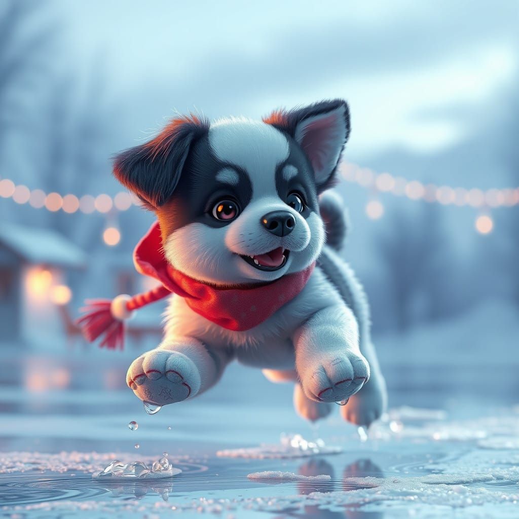 Puppy Speeds Across the Ice in Vibrant 3D Anime Style