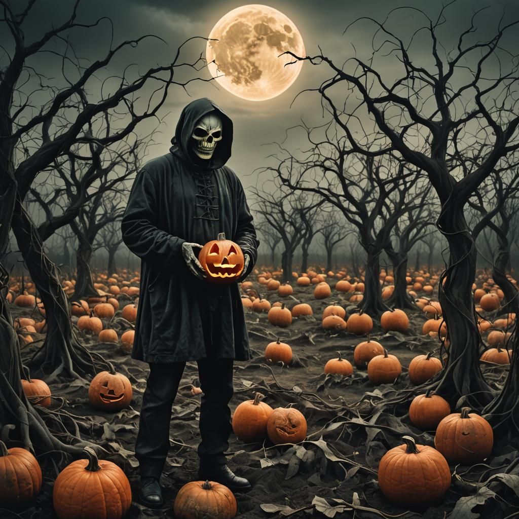 Creepy Man with Pumpkin in Dark Surrealism Style