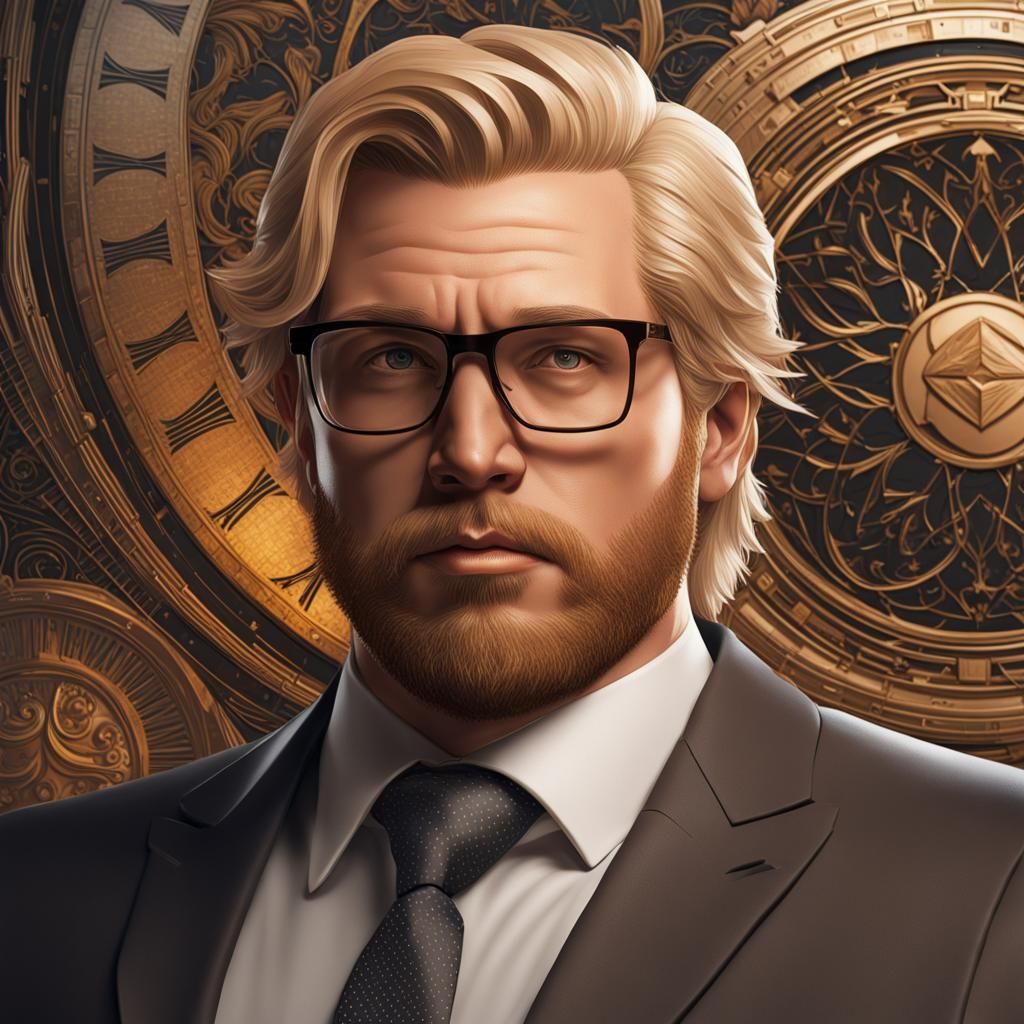 29 year old father blond hair with glasses :: chubby out of shape dad bod obese fat :: suit :: shoulder up portrait :: h...