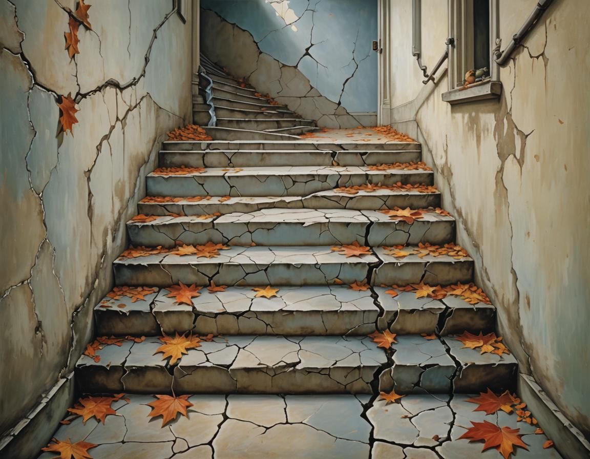 Cracked Porcelain Stairway in Surreal Autumn Landscape
