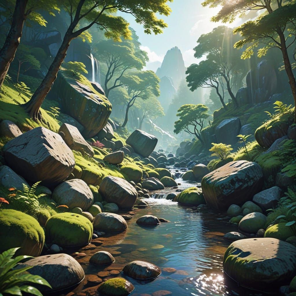 Gentle Mountain Stream Surrounded by Lush Greenery in Vibran...