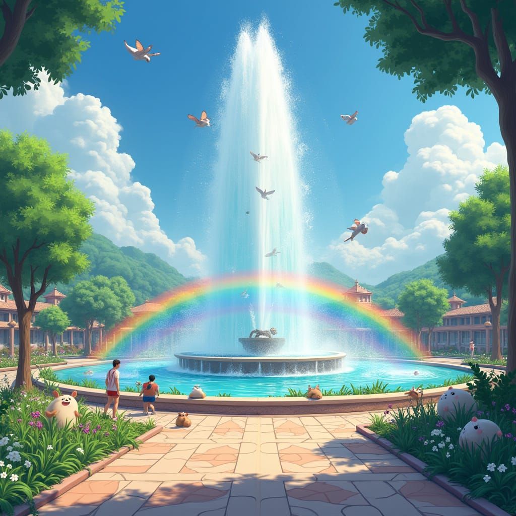 Rainbow Fountain and Whimsical Playground in Dreamlike Style