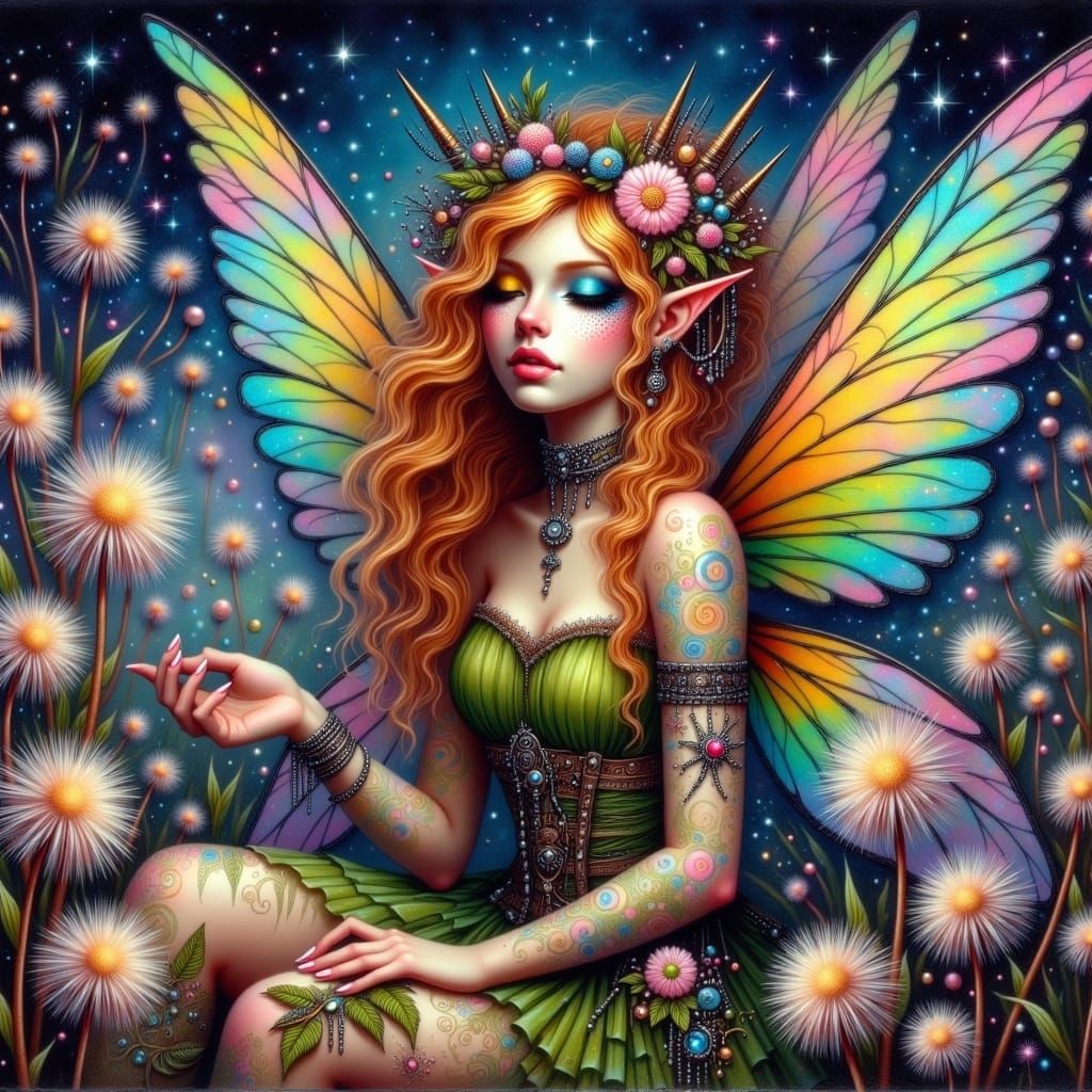 Magical Fairy in Dreamscape, Watercolor Fairypunk Style