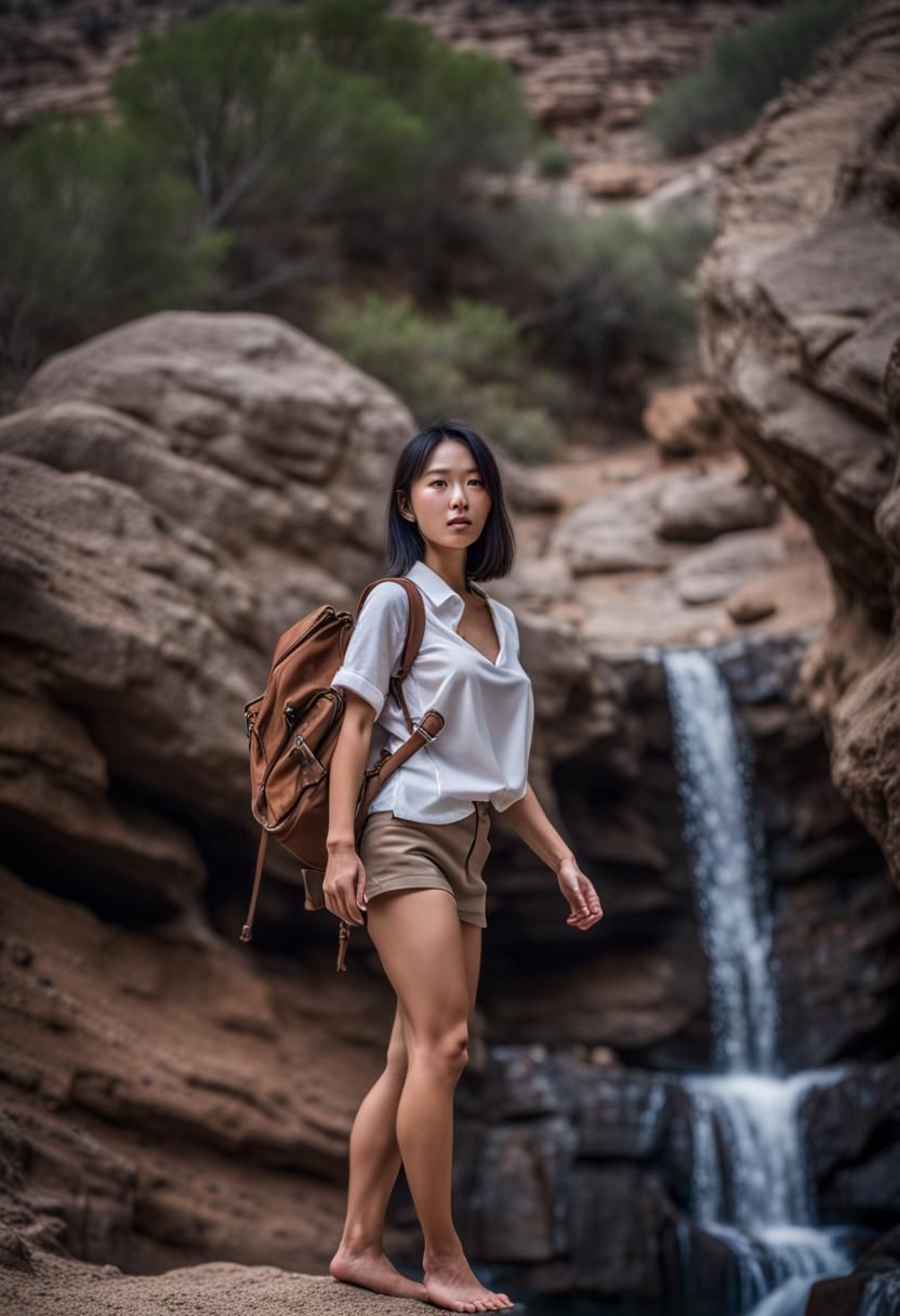 Korean Girl Hiker in Desert Canyon, 8K HDR Photo