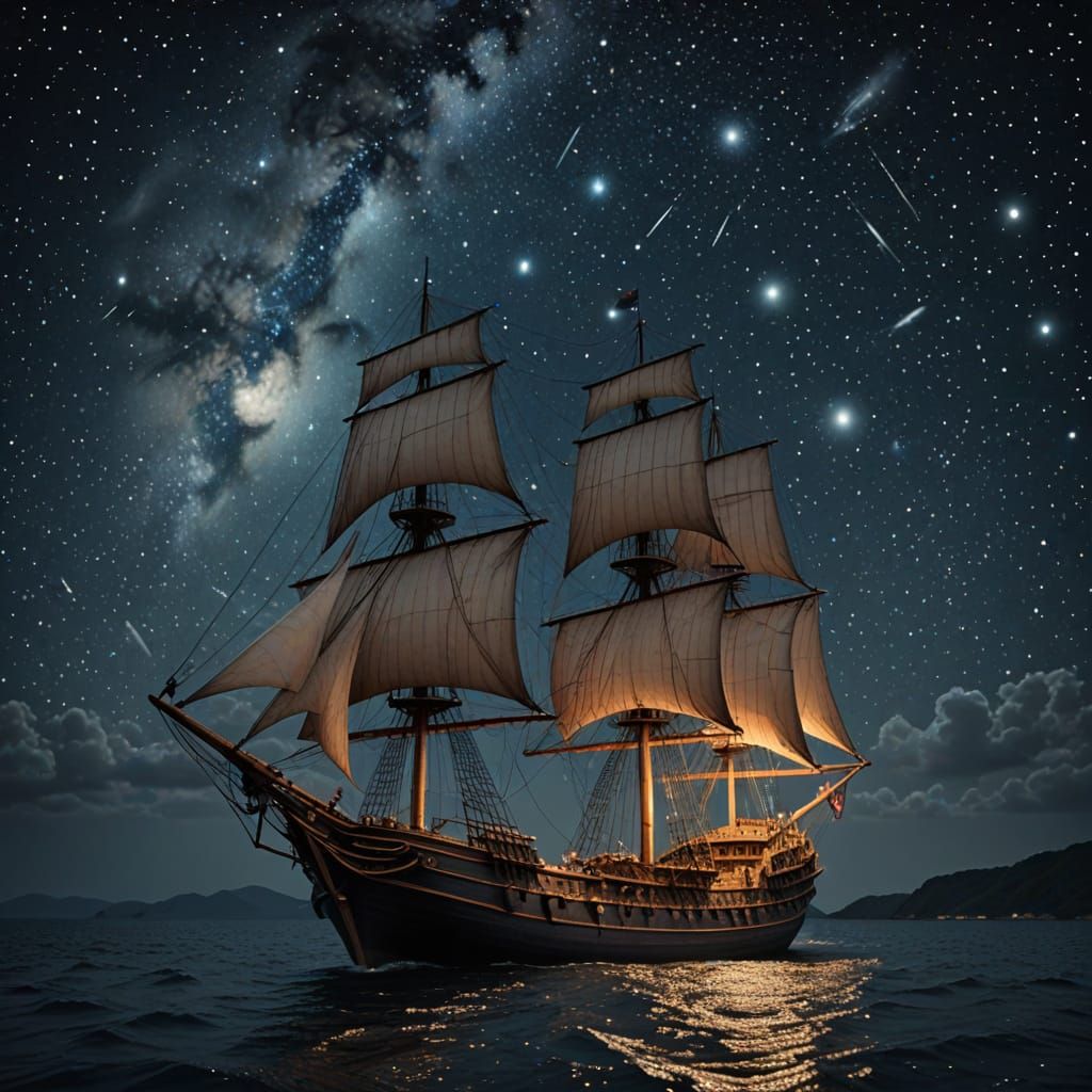 Old Ship Sailing Under Starry Celestial Sky
