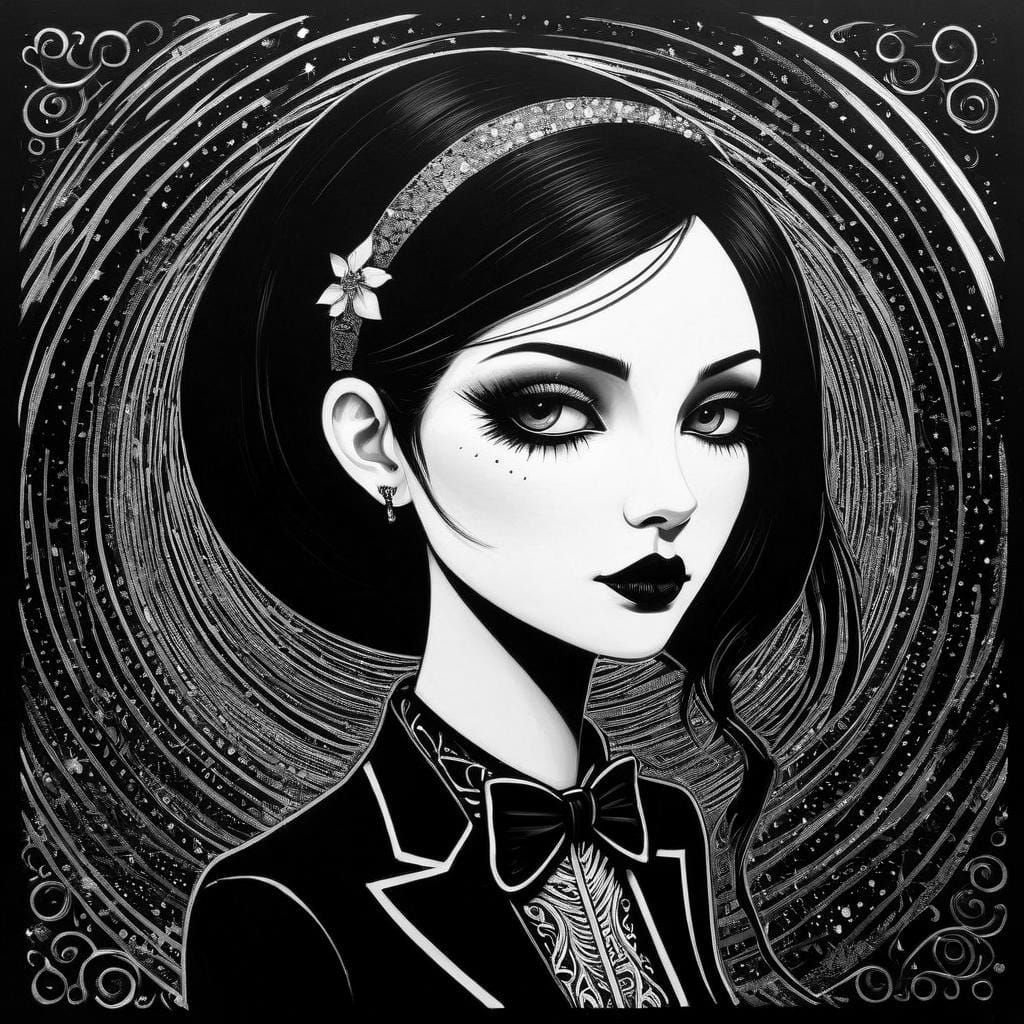black and white high contrast linocut goth punk girl by Benj...