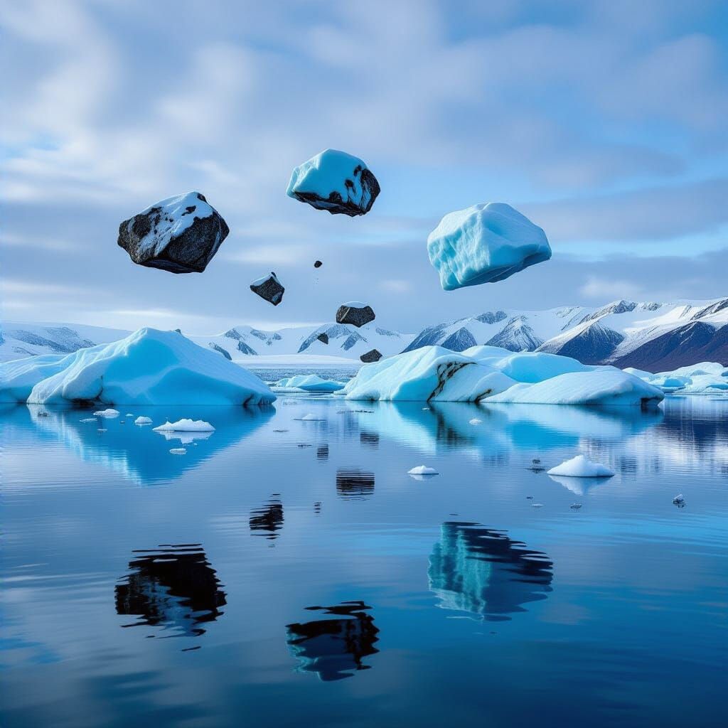 Floating Rocks Reflected in Serene Lake Under Cloudy Sky