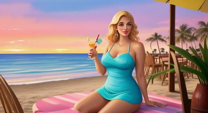 Blonde Pinup Girl Enjoying Cocktail in Watercolor Style