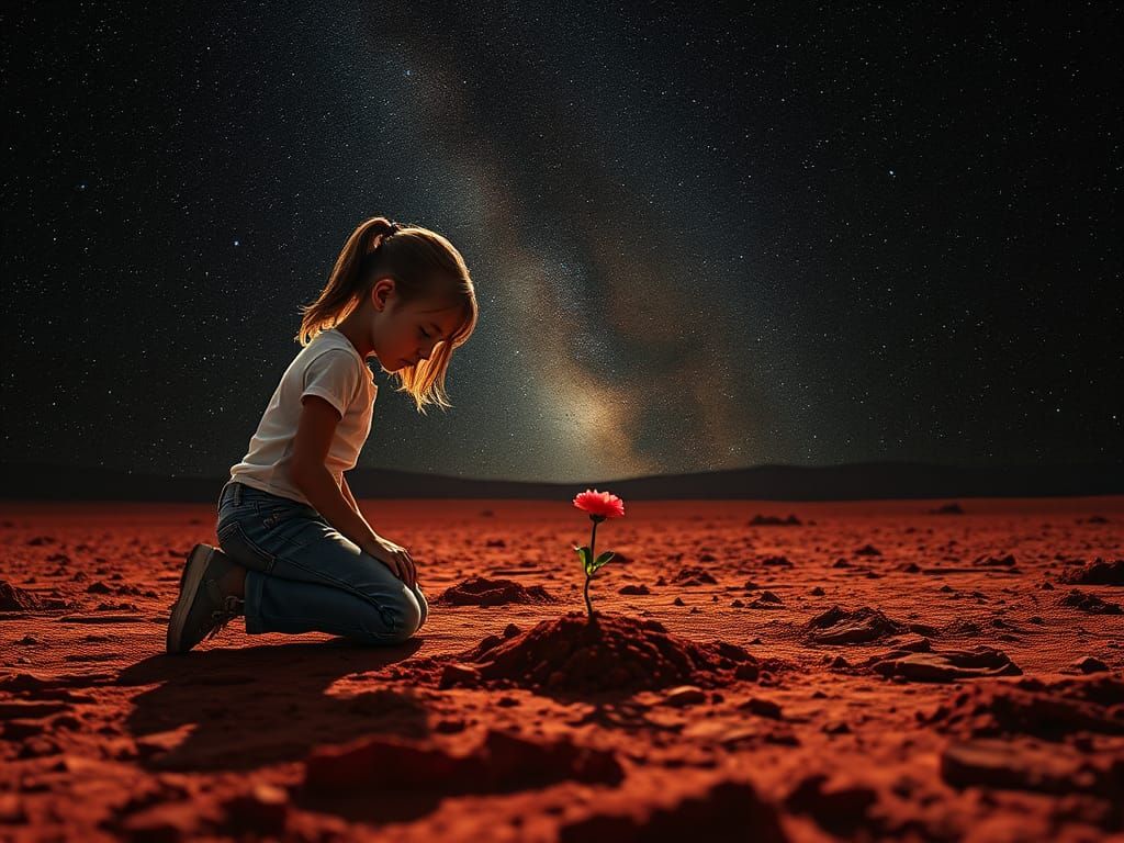 Girl Gazing at Stars Over Barren Alien World
