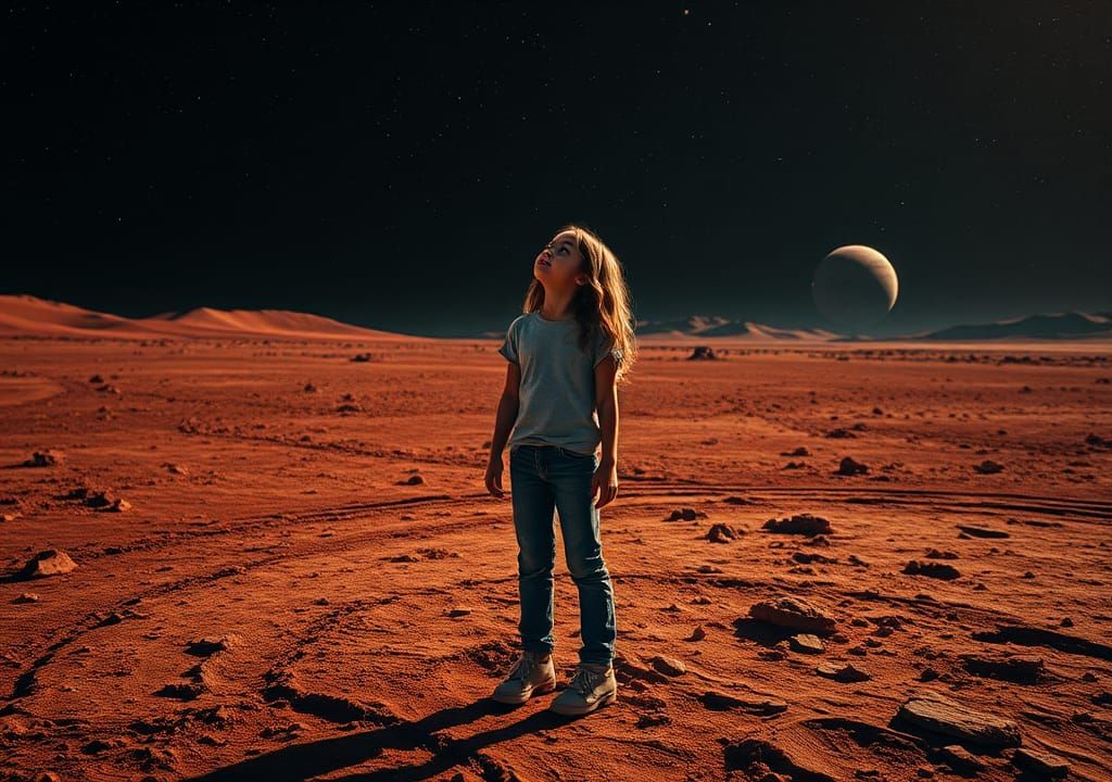 Girl on Saturn Moon Gazing at Earth