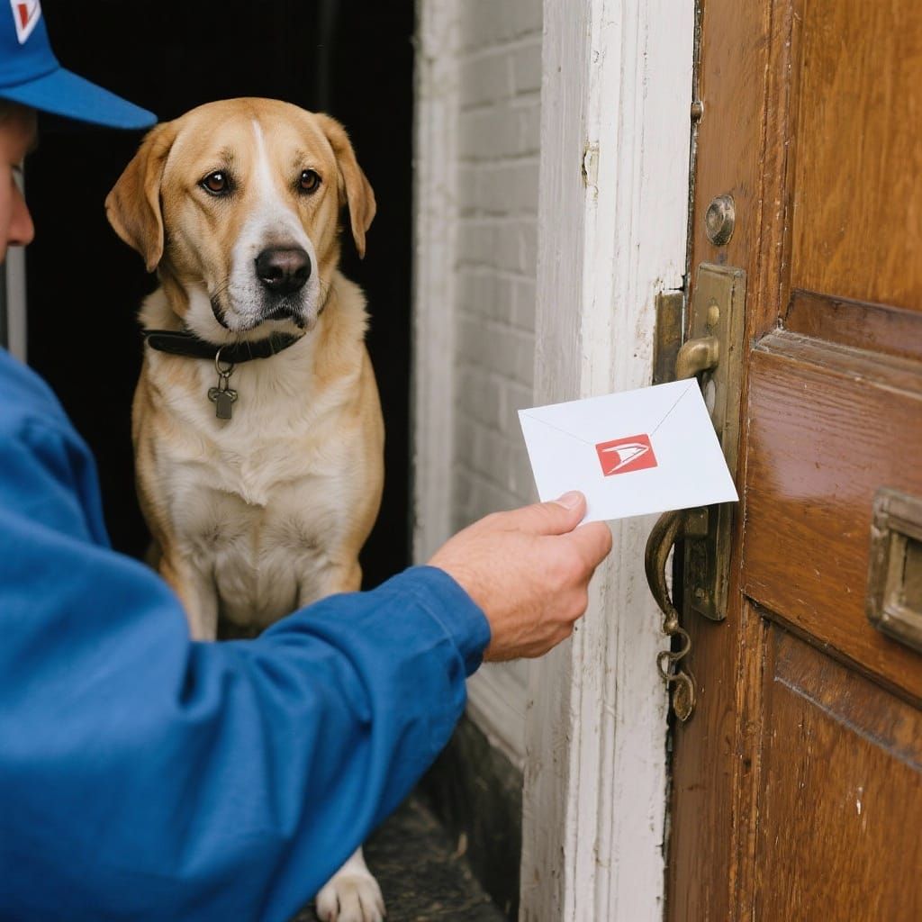 Dog Reaches for Mail from Postman's Hand at Door