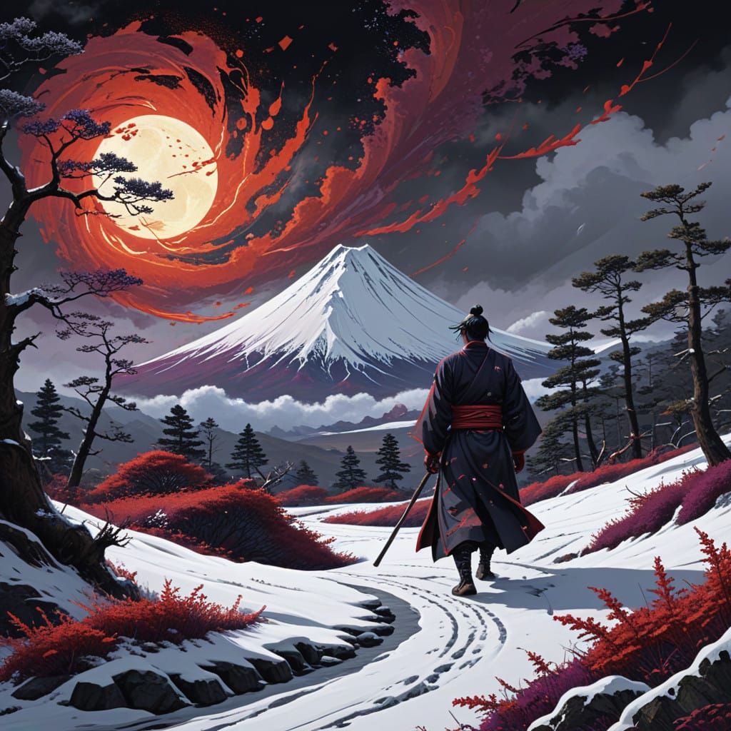 Serene Samurai in a Snowy Blizzard, Inspired by Japanese Tra...