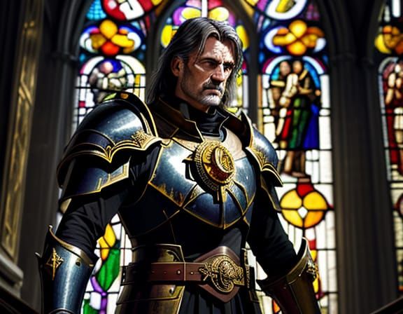 Disgraced Paladin in Cathedral: Vibrant Oil Painting