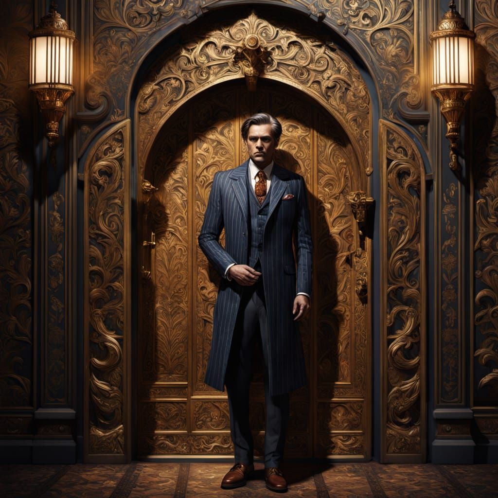 A Man of Determination Stands Before an Ornate Oak Chamber D...
