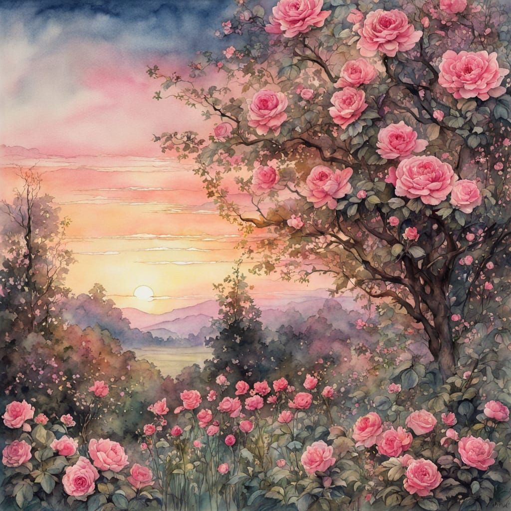 Whimsical Pink Rosebushes in a Fairytale Dawn