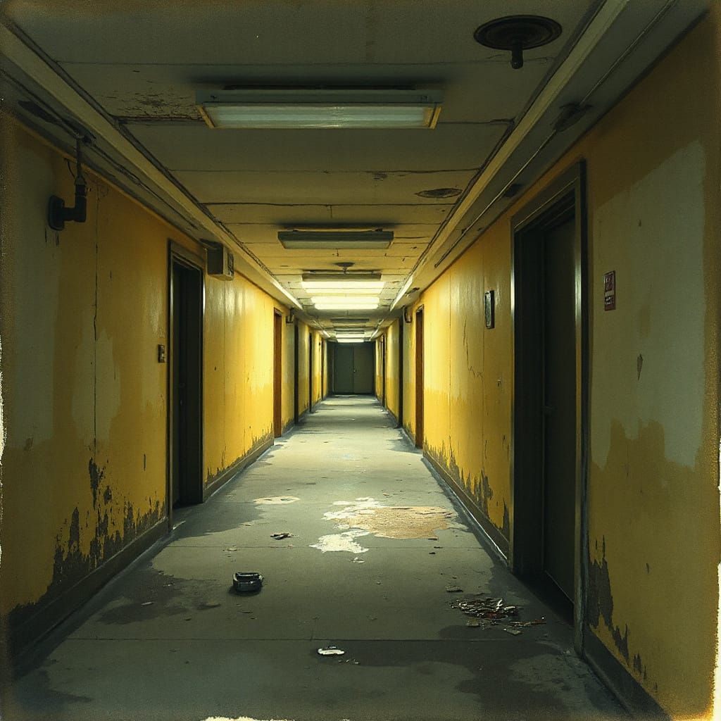 Eerie Backrooms Corridor in Watercolor Style