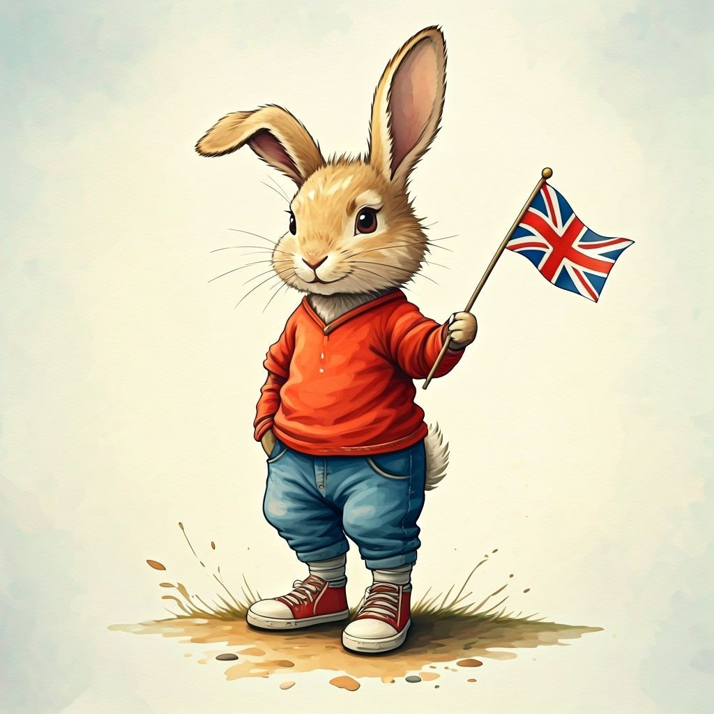 Teenage Rabbit Waving Flag in Watercolor Picture Book Style