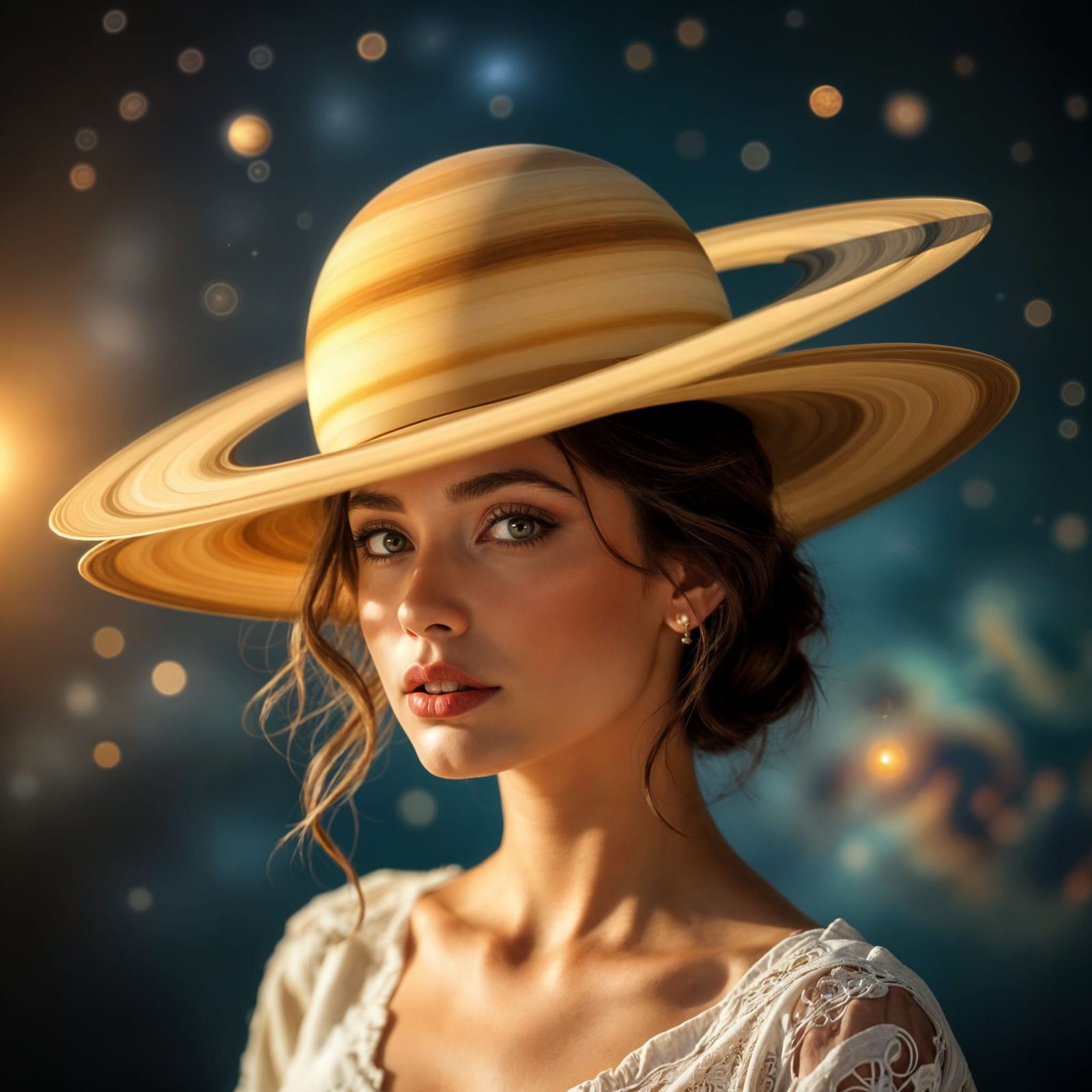 Cosmic Woman Wearing Saturn As Hat In Surreal Space