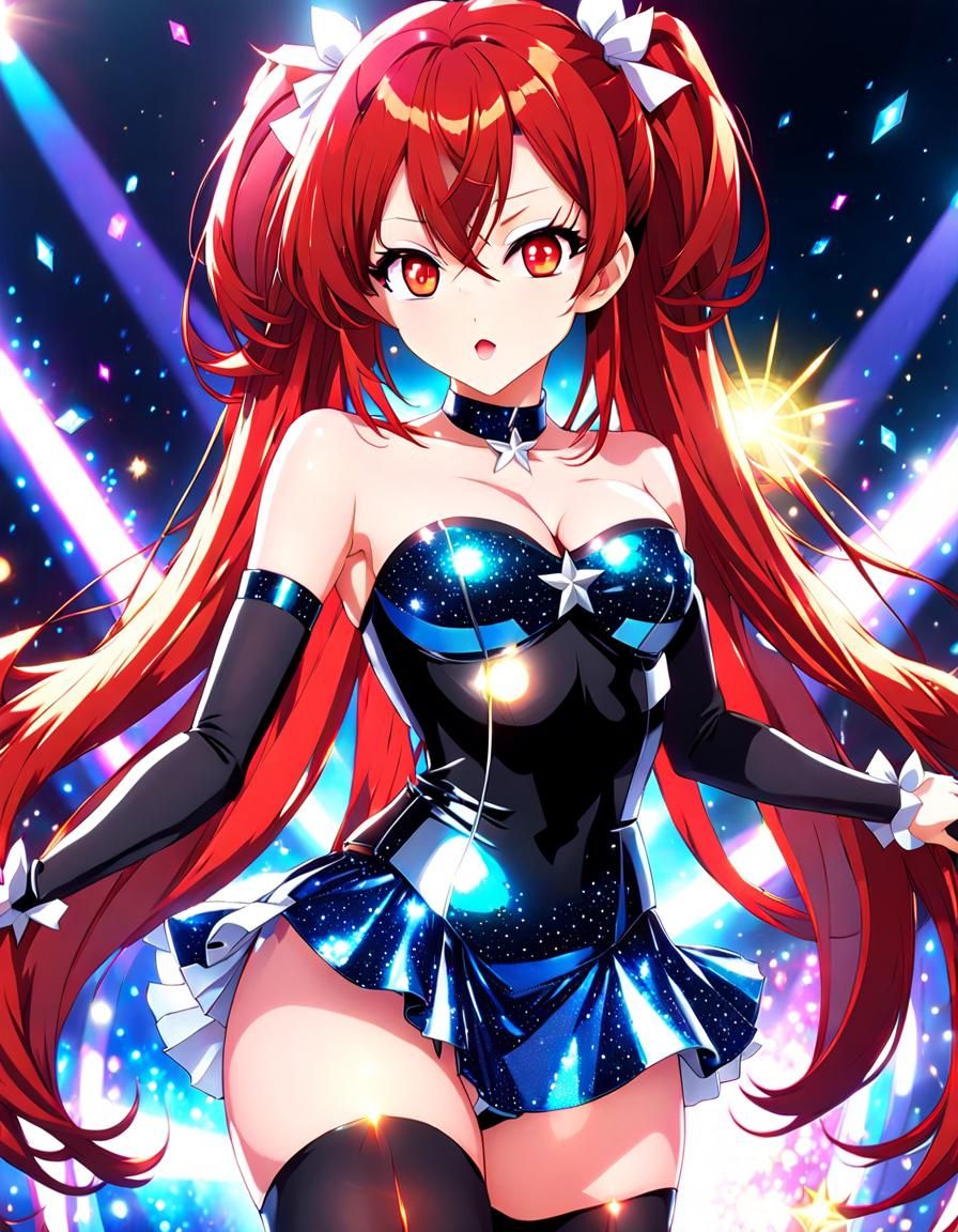 Anime Schoolgirl Idol with Red Hair and Sparkly Outfit
