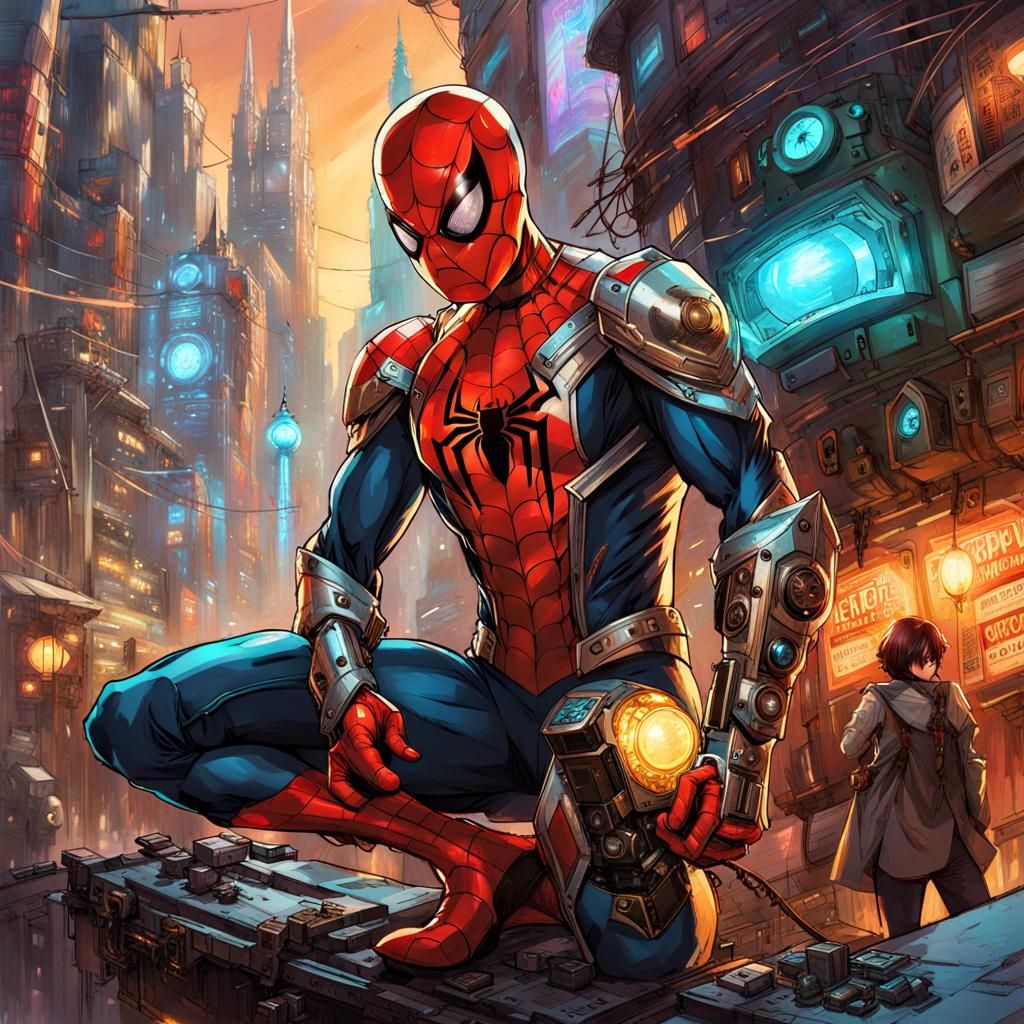 Spider-Man in Steampunk Robotic Armor Cityscape