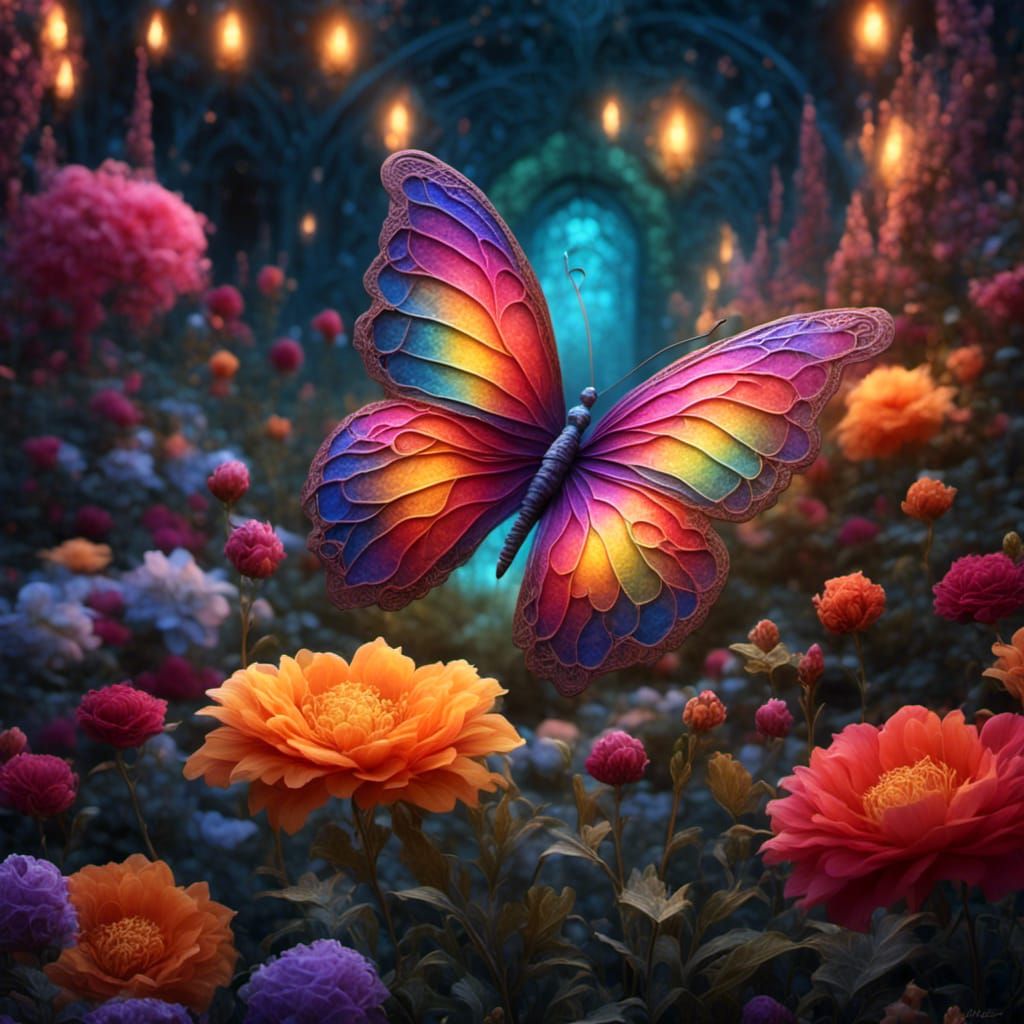 Butterfly in a Garden with 3D Flowers
