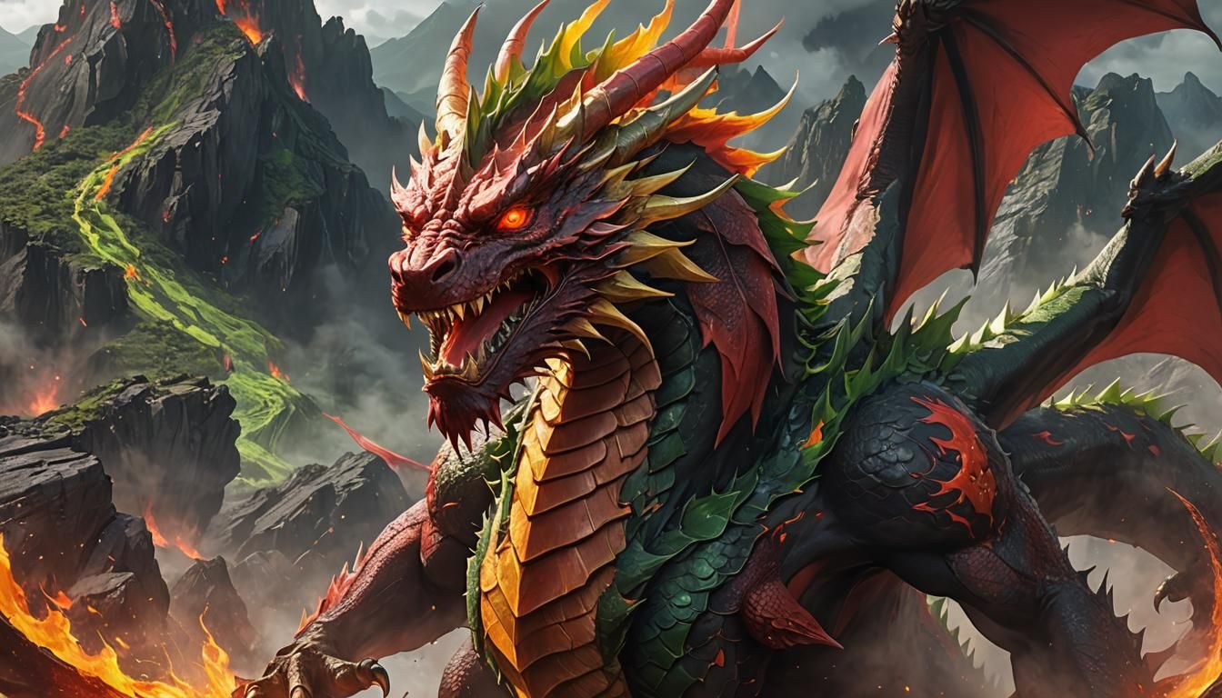 Magnificent Red Dragon Rising from a Volcano