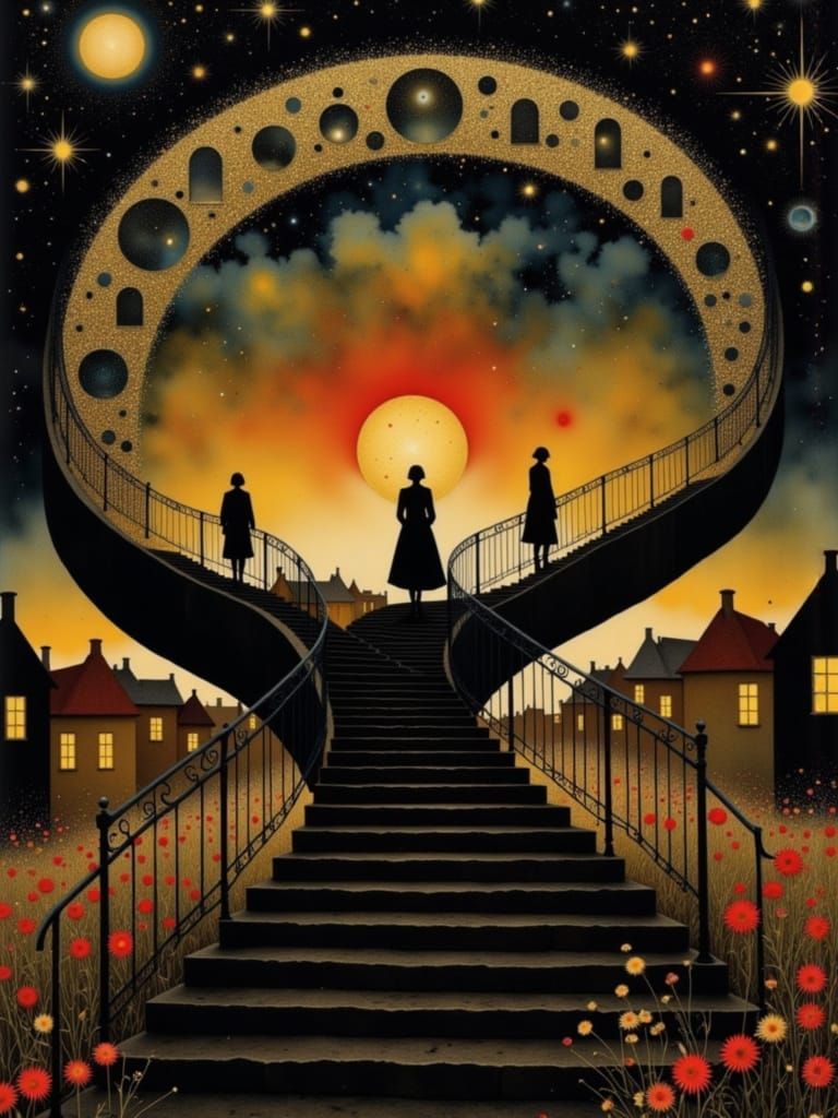 Surreal Golden Shimmer Dreamscape in Escher Style