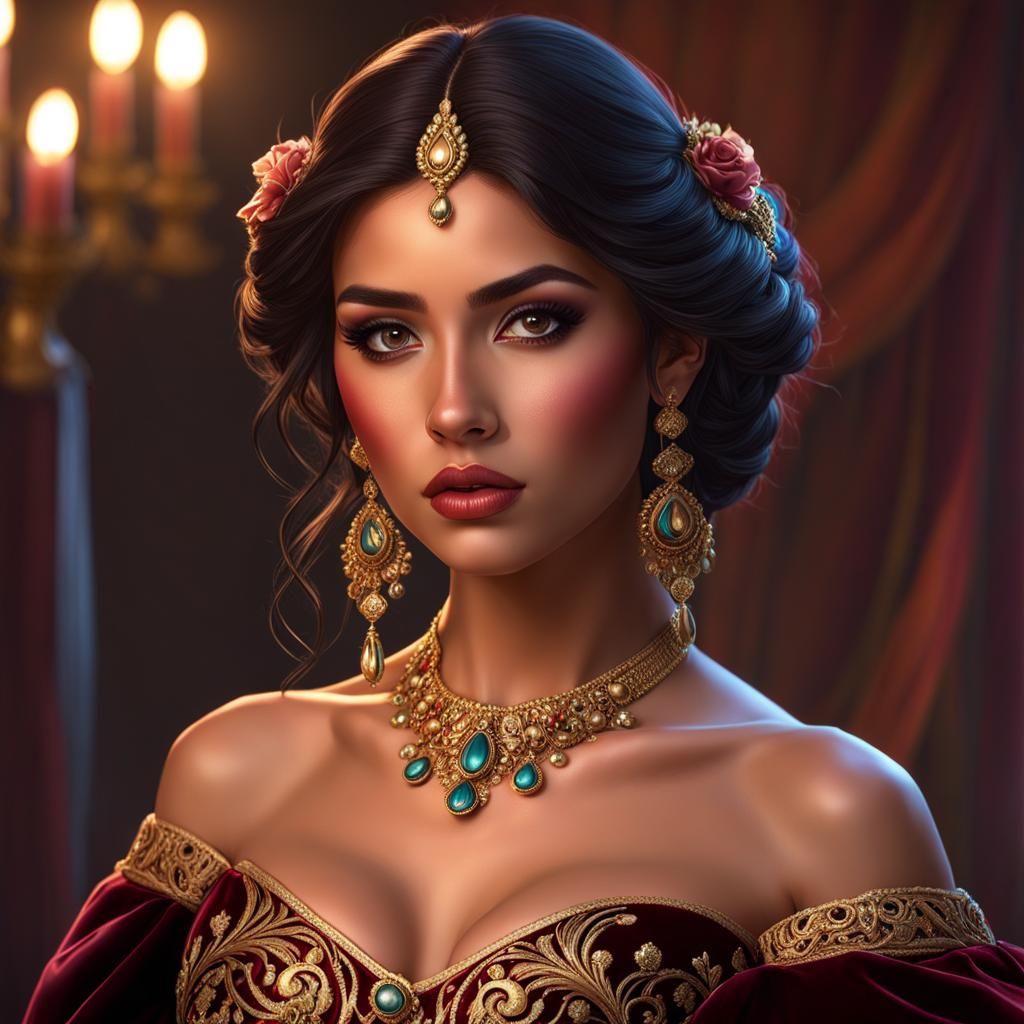 Mexican Girl in Merlot Velvet Gown, Hyperdetailed Portrait