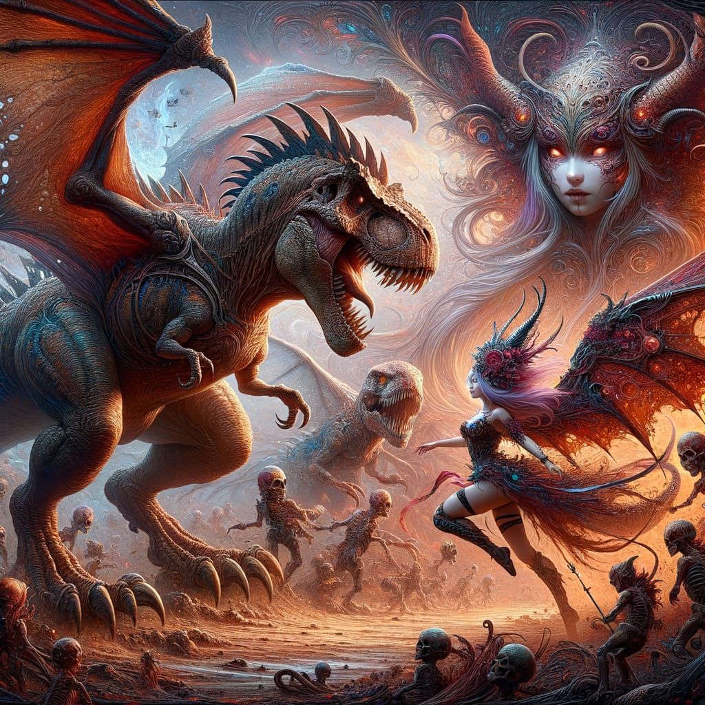 T-Rex Battled by Devilish Goddess in Rich, Fantastical Scene