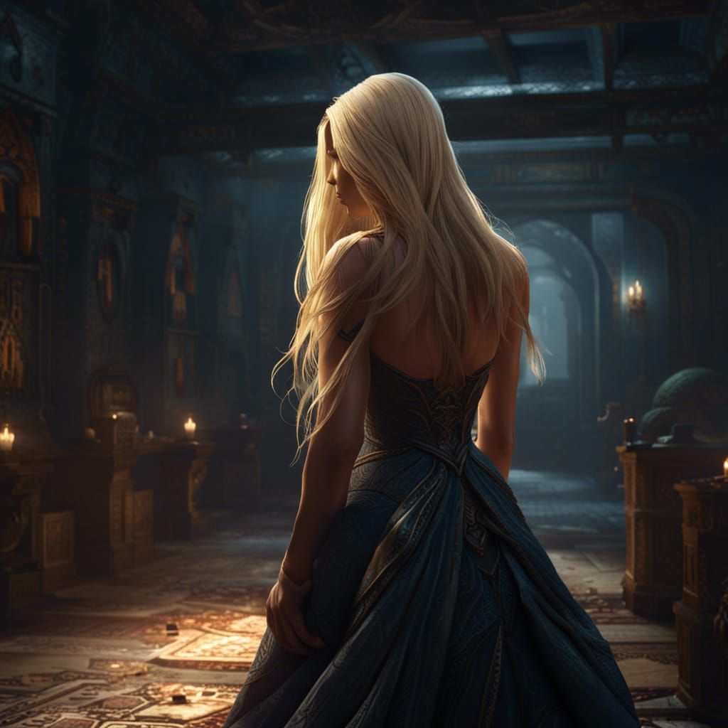 Blonde Woman in Backless Dress: Dark Fantasy Art