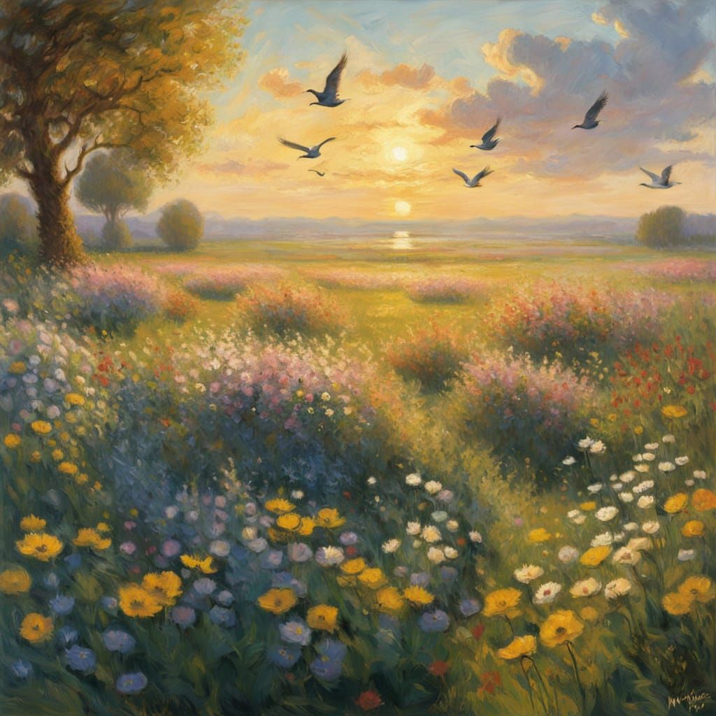 Impressionist Meadow of Flowers with Birds