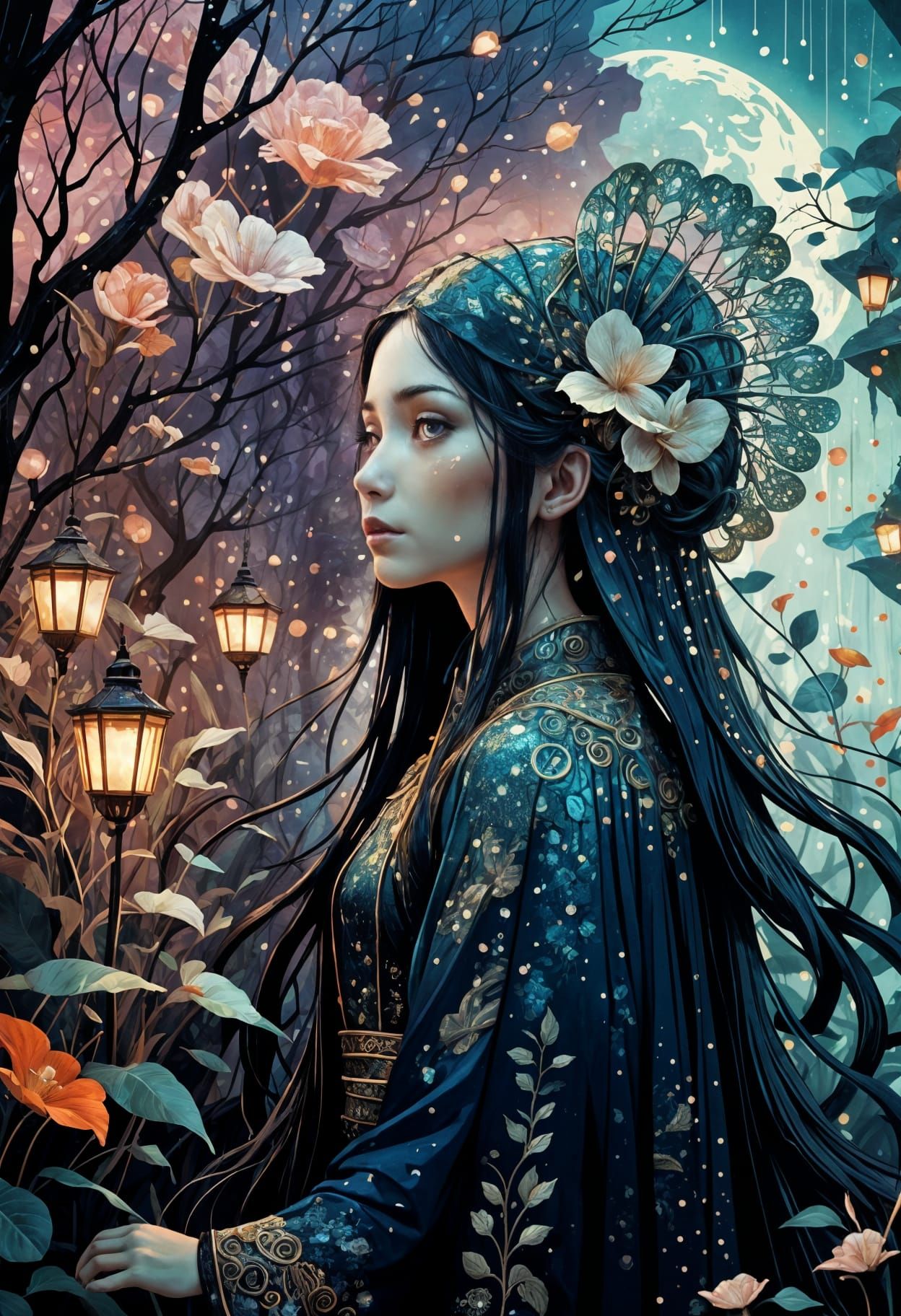 Glittering Midnight Garden: Magical Digital Art