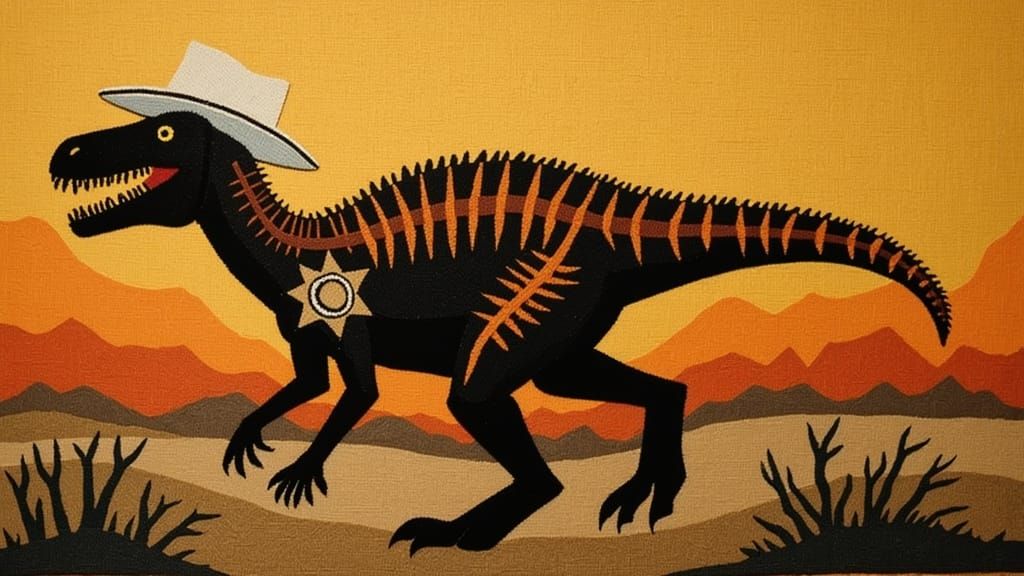 Surreal Sheriff T-Rex in Wild West Sunset