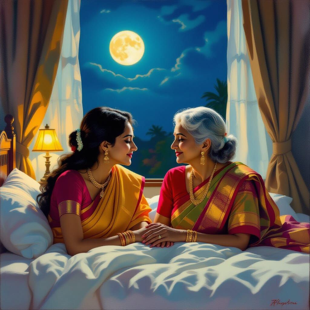 Tender Moment Between Two Women in Moonlight