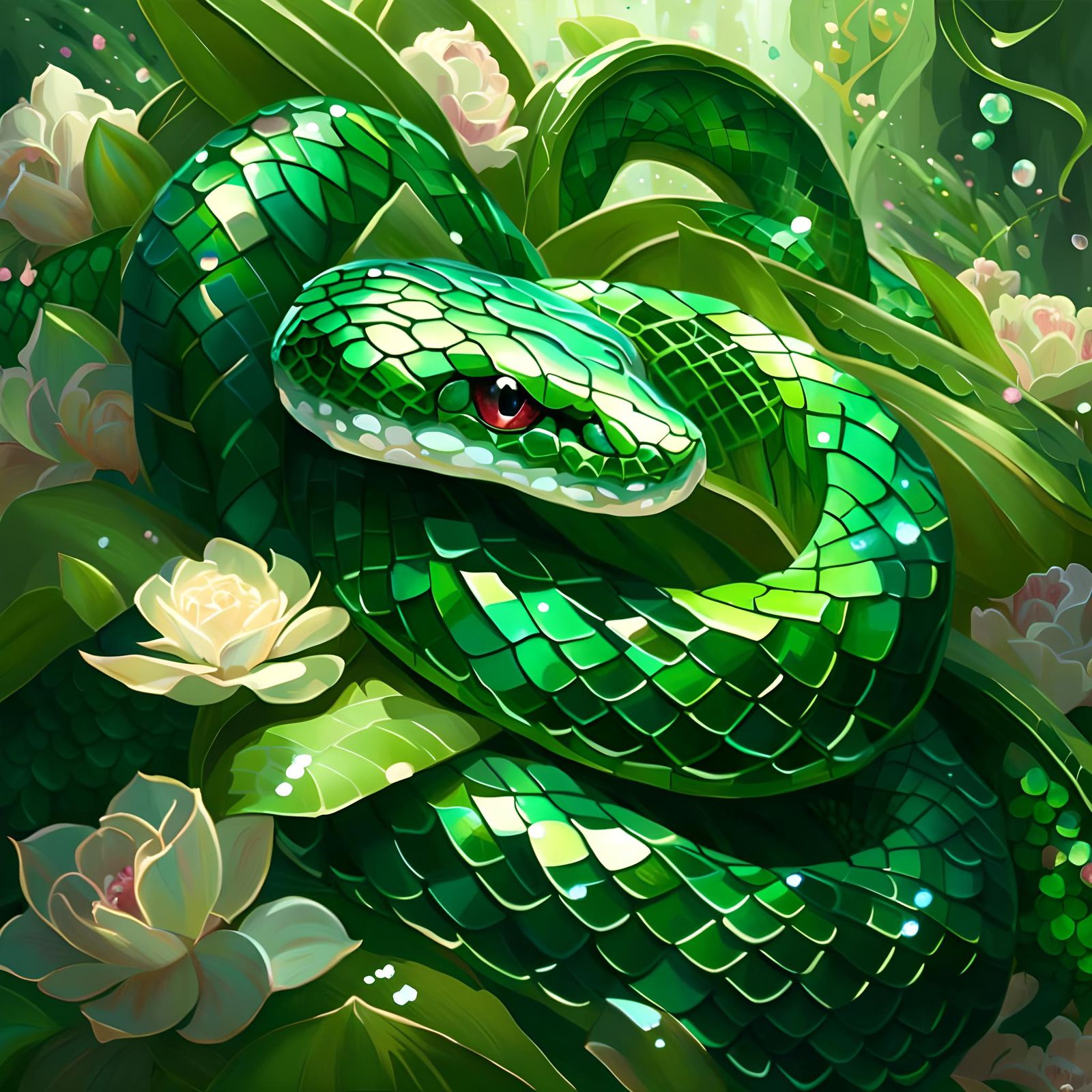 Crystal Serpent in Lush Greenery, Digital Art